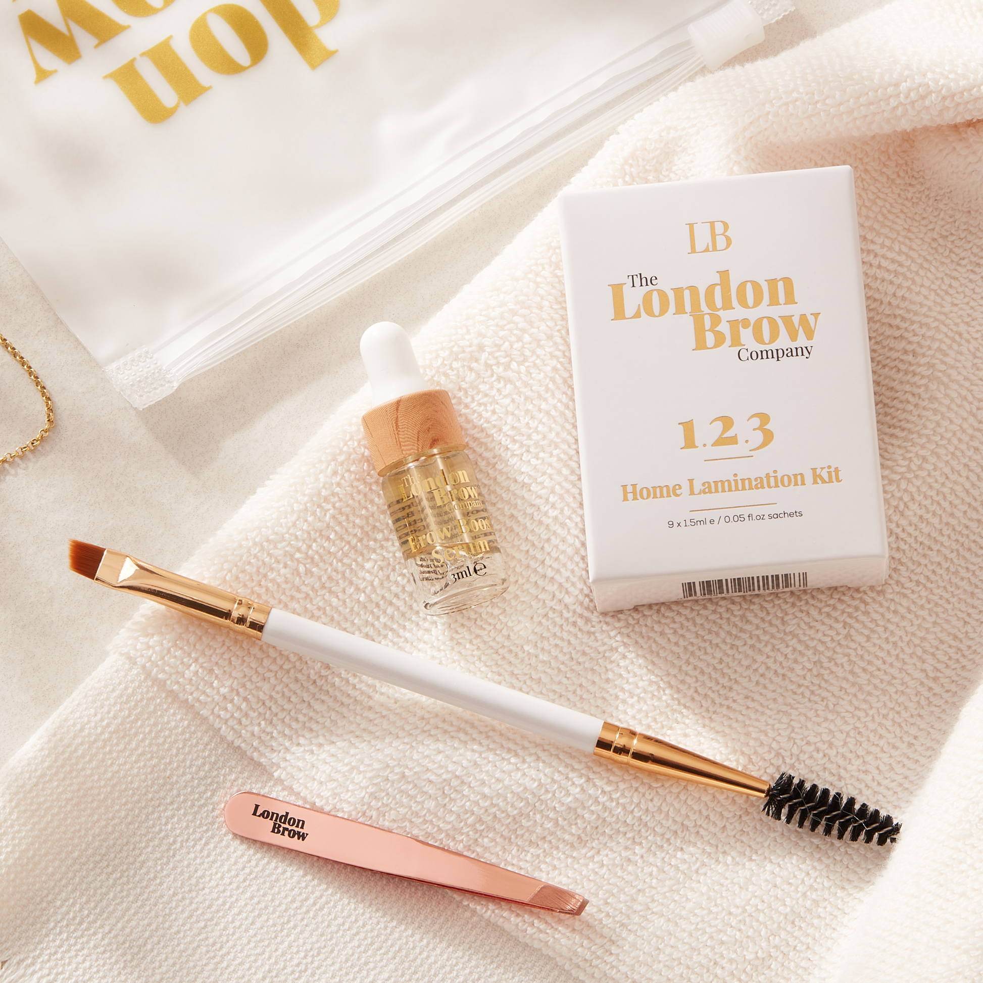 At-home brow lamination kit with everything needed for one professional-looking treatment. Includes aftercare, tools, and is vegan, natural, UK-made from the london brow company