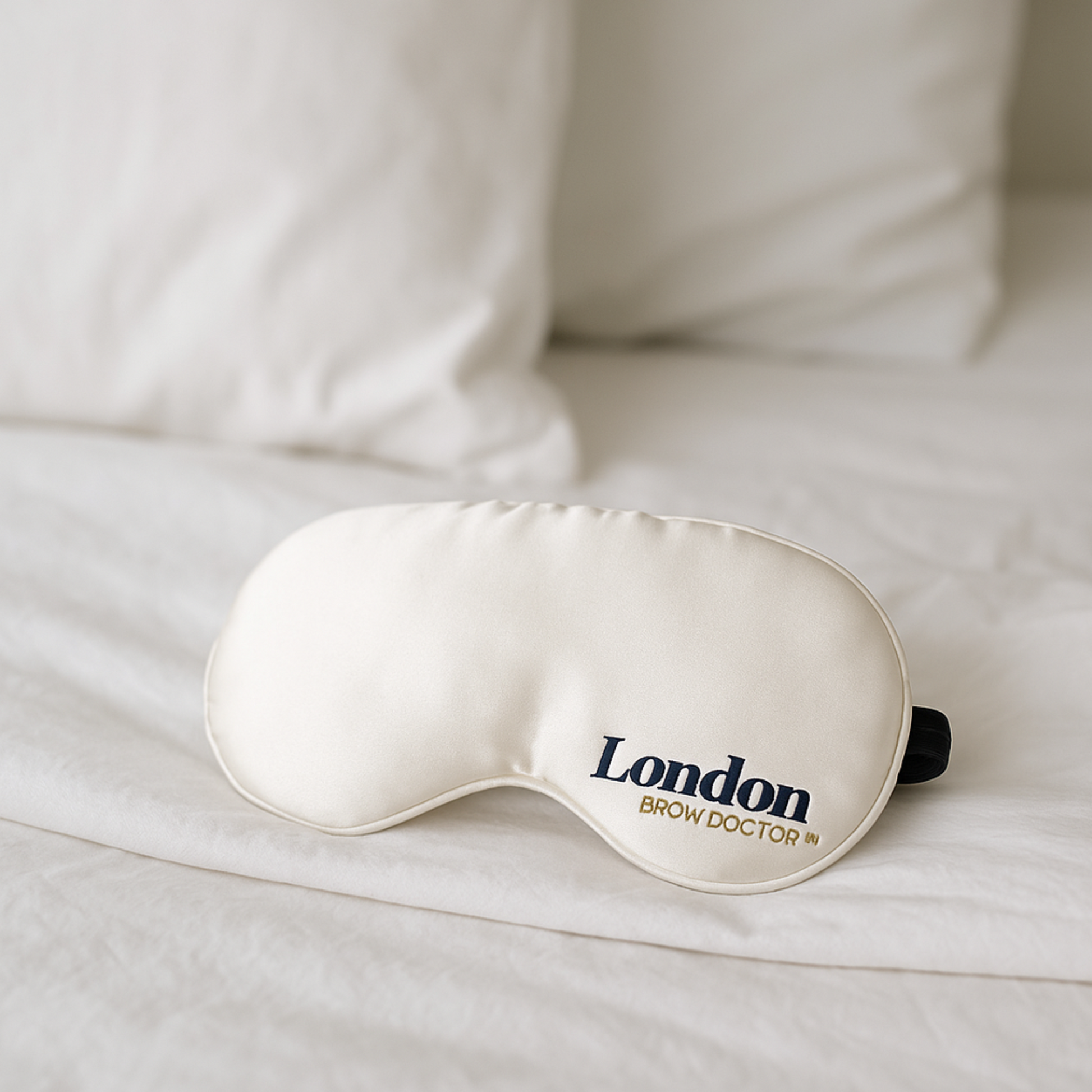 Sleep mask with 'London Brow Doctor' branding on a bed