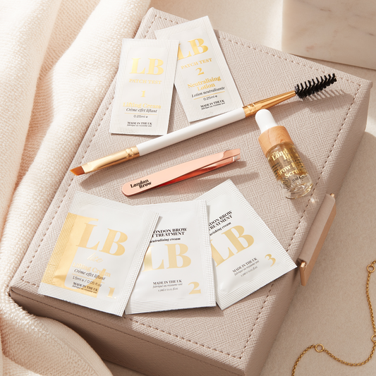 At-home brow lamination kit with everything needed for one professional-looking treatment. Includes aftercare, tools, and is vegan, natural, UK-made.